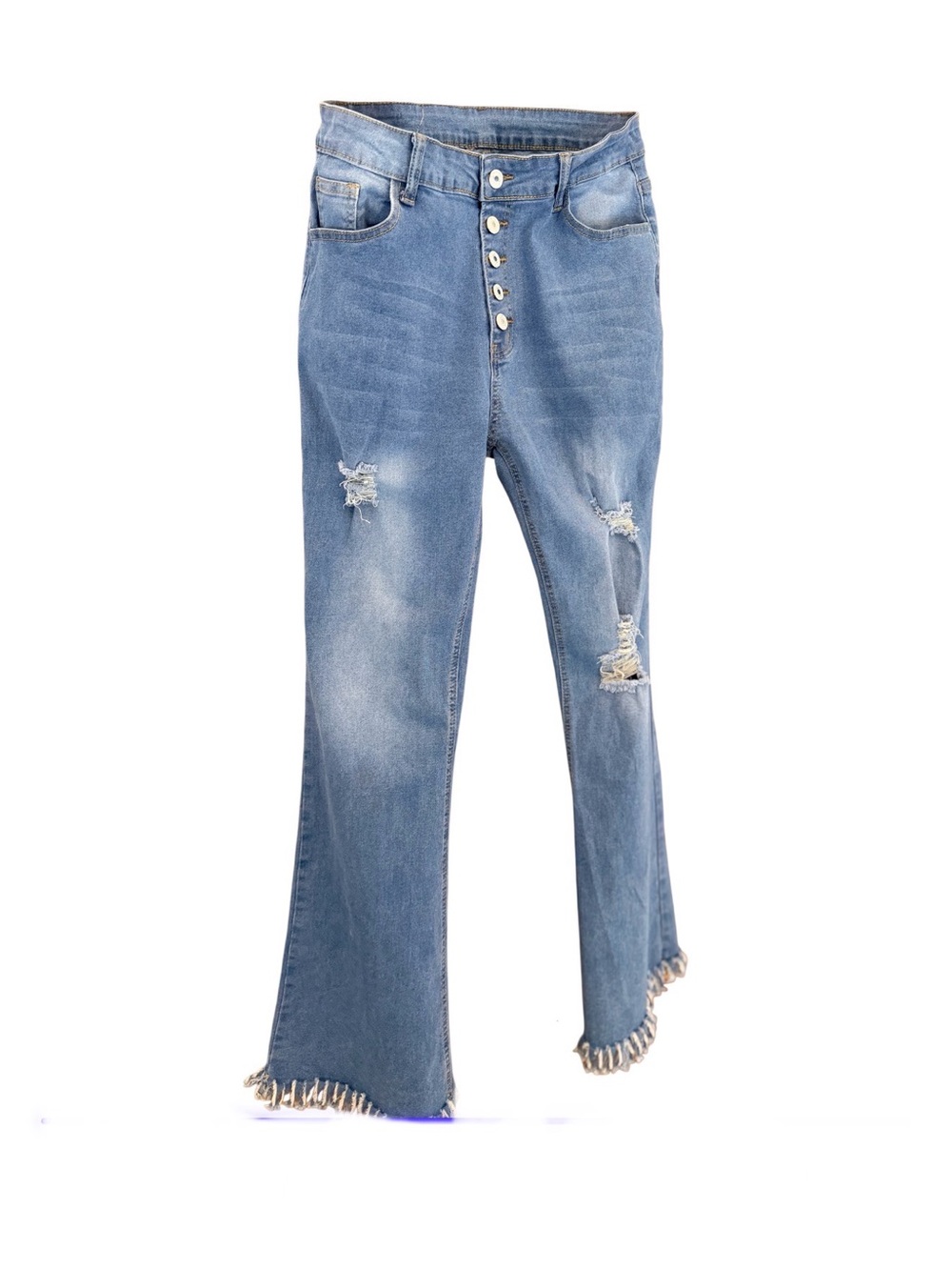 SHEIN Five Pocket Silver Button Fly Fringed Women's Distressed Jeans Size Large